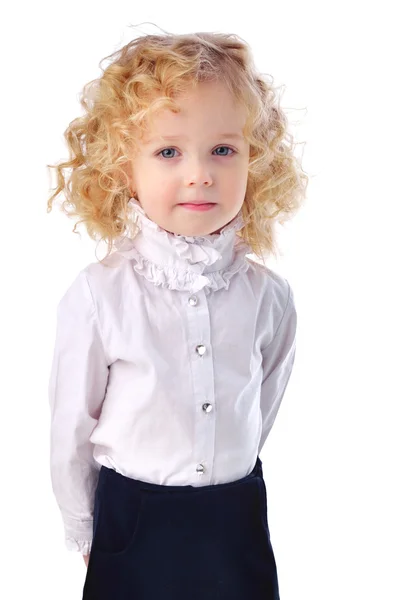 Porträtt av en liten flicka med glasögon isolerade en vit — Stockfoto