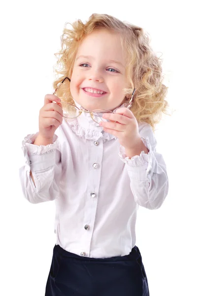 Retrato de uma menina com óculos isolados um branco — Fotografia de Stock