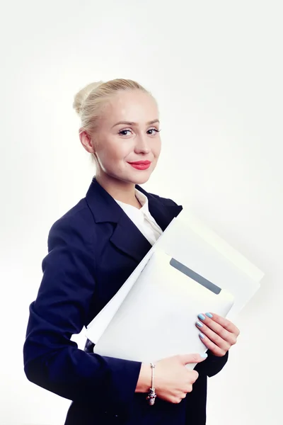 Closeup portrait, young professional, beautiful in blue shirt, arms crossed folded, smiling isolated indoors office background. Positive human emotions — Stock Photo, Image