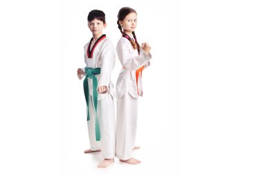 Two children athletes martial art taekwondo training clipart