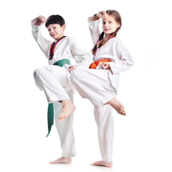 Two children athletes martial art taekwondo training — Stock Photo, Image