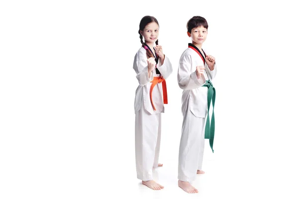 Dos niños atletas artes marciales taekwondo entrenamiento —  Fotos de Stock
