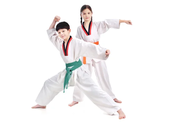 2 人の子供スポーツ選手格闘技テコンドー トレーニング — ストック写真