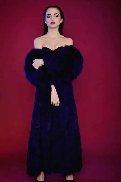 Fashion model in fur coat, lady portrait — Stock Photo, Image