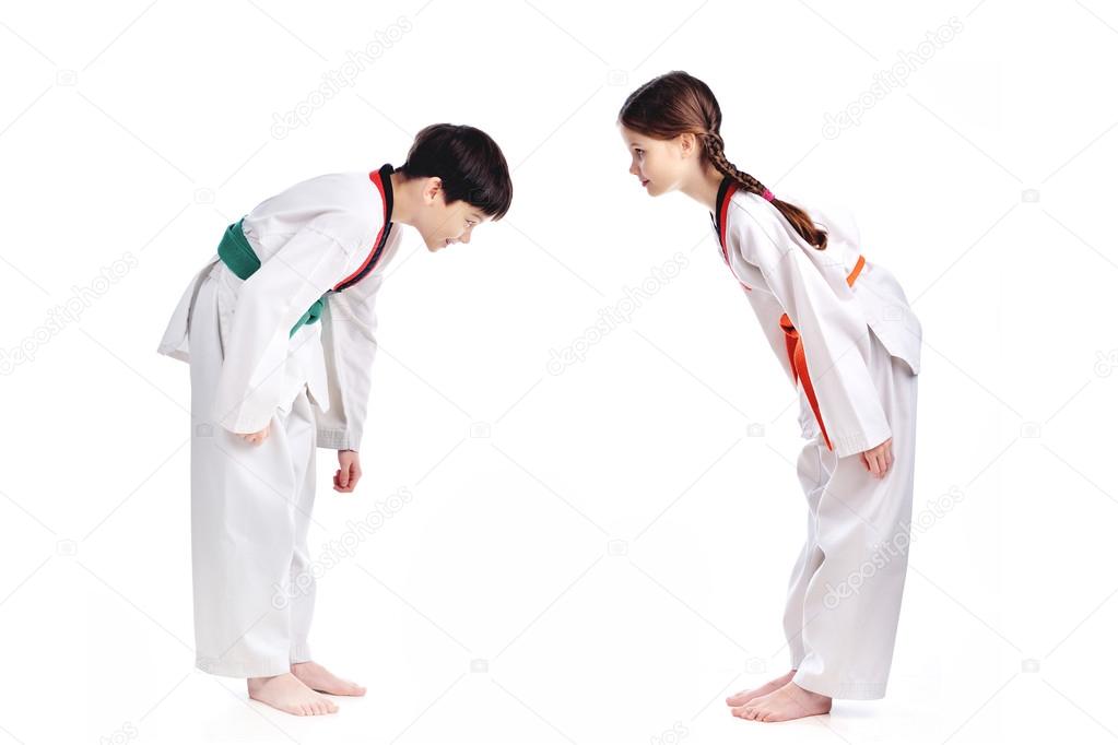 Two children athletes martial art taekwondo training Stock Photo by ©Vitalii Bondar 96342544