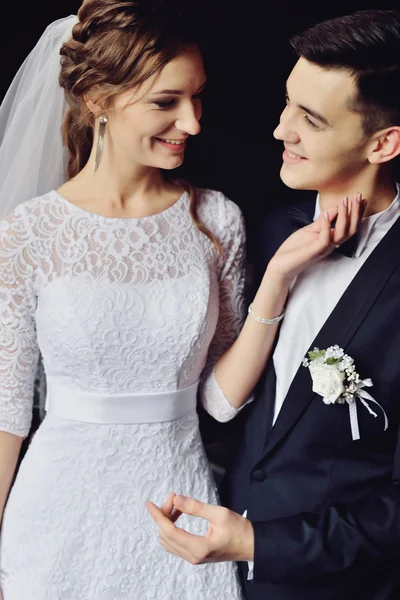 Emotional wedding couple in cafe having fun together. — Stock Photo, Image