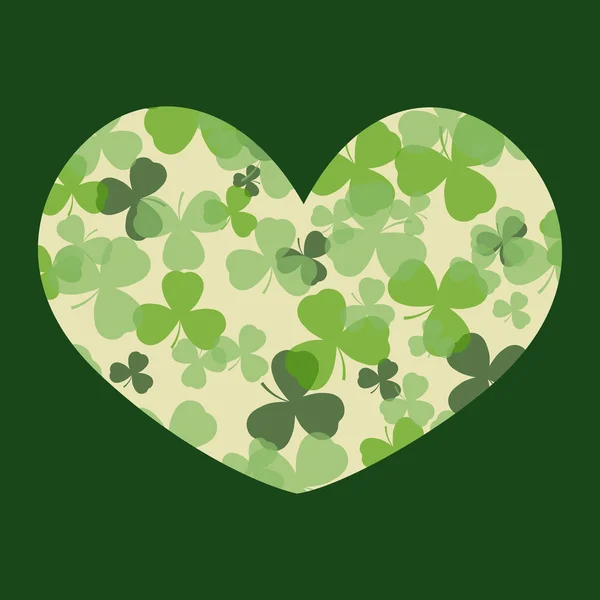 Vector St Patrick's day card. Green and white clover leaves on heart shape and dark background. Irish spring design for card, invitation or greeting, textile, website, brochures and booklets — Stock Vector