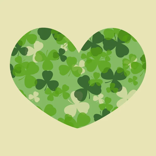 Vector St Patrick's day card. Green clover leaves on clover heart shape and white or beige background. Irish spring design for card, invitation or greeting, textile, website, brochures and booklets — Stock Vector