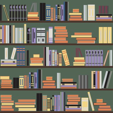 Vektör sorunsuz bookshelf desen, raflar, yeşil zemin üzerine rastgele kitaplar. Tasarım Web siteleri, tekstil, kumaş, broşürler, kitapçıklar, Davetiyeler, el ilanları için