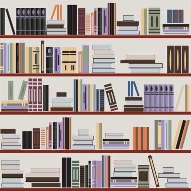 Vektör sorunsuz bookshelf desen, raflar, gri arka plan üzerinde rasgele kitaplar. Tasarım Web siteleri, tekstil, kumaş, broşürler, kitapçıklar, Davetiyeler, el ilanları için