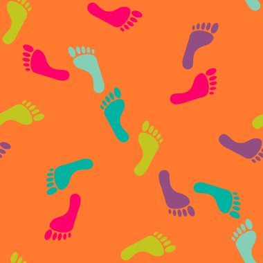 Vector seamless bare footprint pattern. Collection of randomize bare foots in acid colors. Design for frames, textile, fabric, invitation and greeting cards, booklets and brochures, website clipart