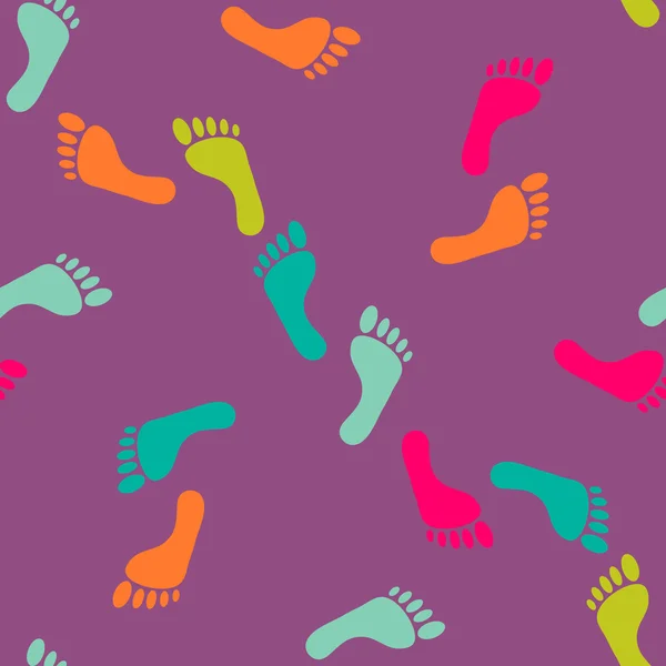 Vector seamless bare footprint pattern. Collection of randomize bare foots in acid colors. Design for frames, textile, fabric, invitation and greeting cards, booklets and brochures, website — Stock Vector