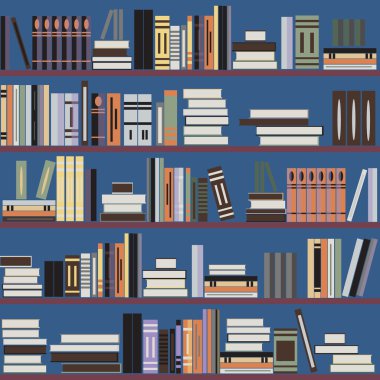 Vektör sorunsuz bookshelf desen, raflar, bej renkli arka plan üzerinde rasgele kitaplar. Tasarım Web siteleri, tekstil, kumaş, broşürler, kitapçıklar, Davetiyeler, el ilanları için