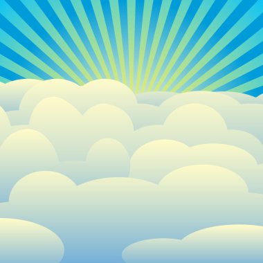 Vektör bulutları kümesi, mavi gökyüzü, güneş ışınları. Kitapçıklar, broşürler, el ilanları, web siteleri, afişler için saydam degrade vektör arka plan. Bulutlu hava, güneşli yaz günü