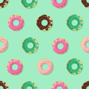 Seamless modeli halka veya çörek. Tasarım kartları, menü, tekstil, kumaş için. Çikolata, vanilya, çilek ve nane krema ile sırlı tatlılar