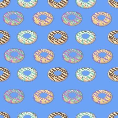 Mavi backglound sorunsuz halka veya çörek desen. Tasarım kartları, menü, tekstil, kumaş için. Çikolata, vanilya, çilek ve nane krema ile sırlı tatlılar