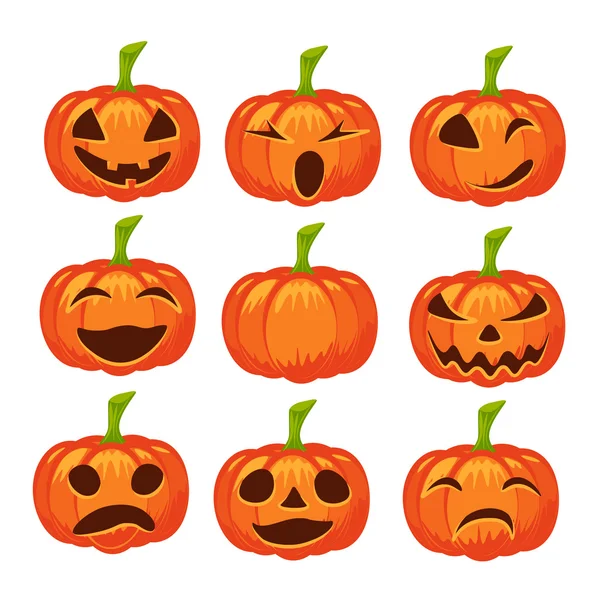 Conjunto vectorial de iconos de calabaza aislados. Diseño de Halloween, emoción, risa, enojo, sonrisa, tristeza, miedo, mal, sonrisa guiñando el ojo. Jack linterna para el sitio web, volante, tarjeta de invitación — Vector de stock