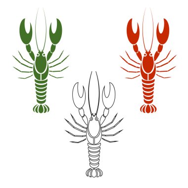 Vector set of crayfishes or lobsters in white, red or orange, green color. Coloring book. Simple flat design clipart