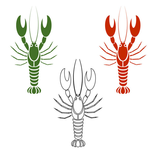 Vector set of crayfishes or lobsters in white, red or orange, green color. Coloring book. Simple flat design