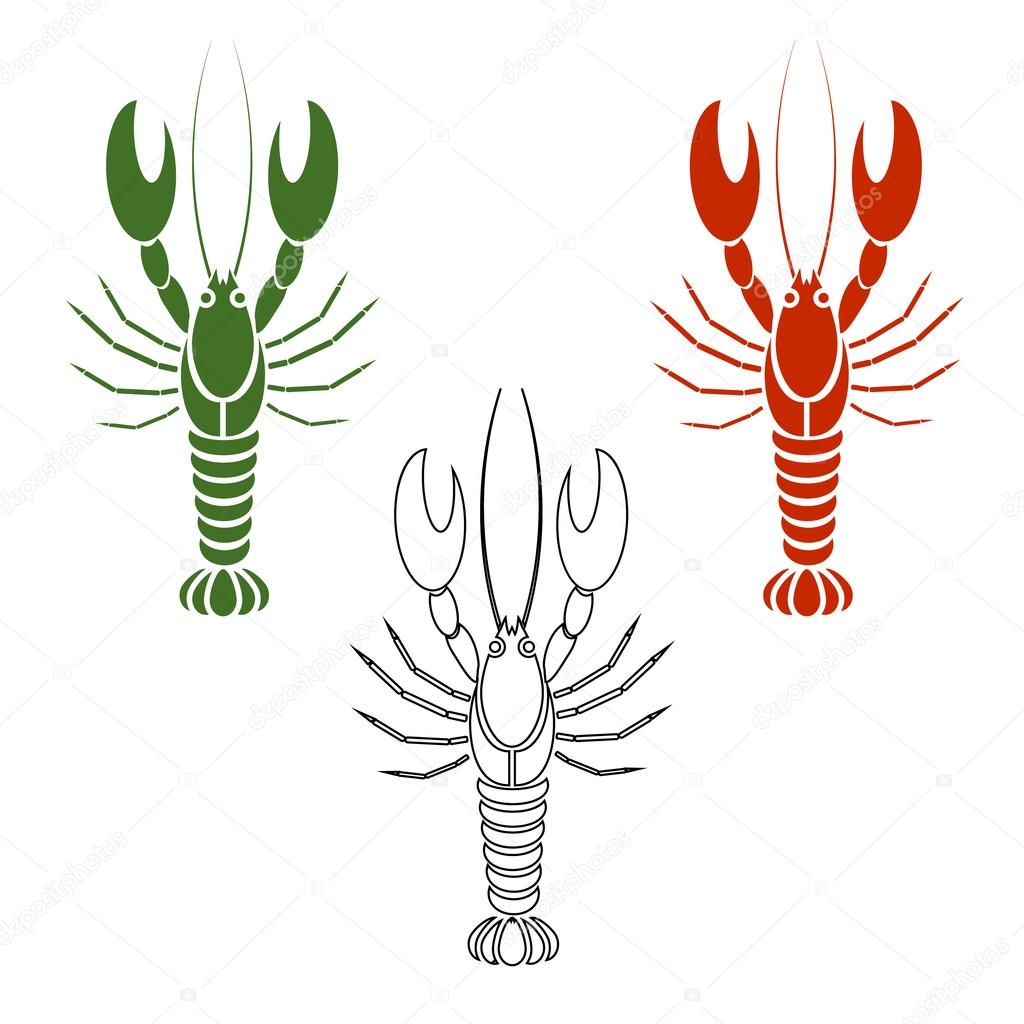 Vector set of crayfishes or lobsters in white, red or orange, green color. Coloring book. Simple flat design