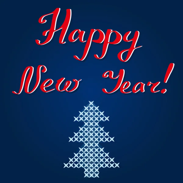 Tarjeta vectorial Feliz Año Nuevo en rojo y azul con árbol de Navidad — Vector de stock
