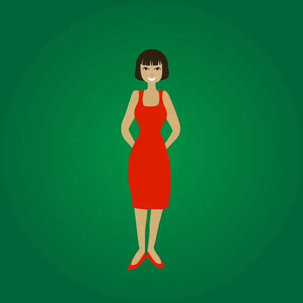 Vector smiling standing young woman in red dress on green background — Stock Vector
