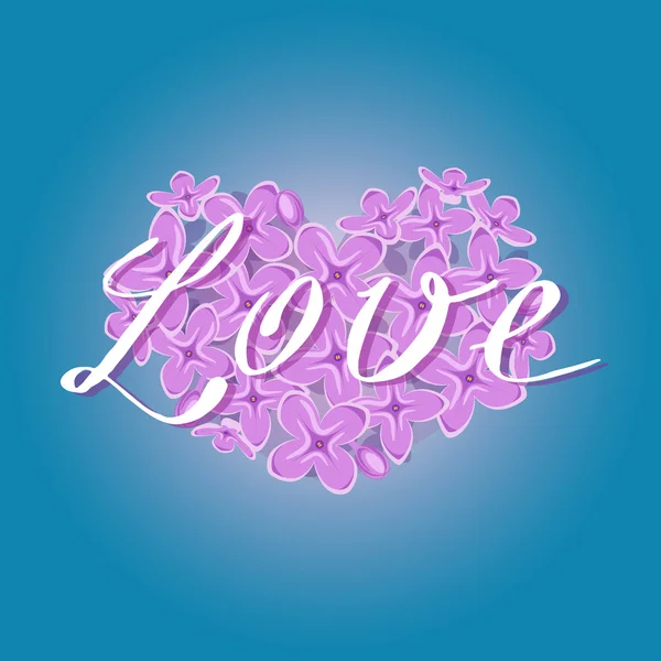 Corazón lila floreciente vectorial con romántico texto de amor sobre fondo azul degradado. Fresco, diseño romántico de primavera para el saludo, boda, tarjeta de cumpleaños — Vector de stock