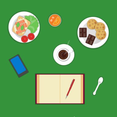 Vector flat healthy  breakfast or lunch, top view. Sandwich with butter, salmon, tomato and lettuce, coffee, homemade cookies, orange juice, pieces of chocolate, copybook, pen and phone on green background