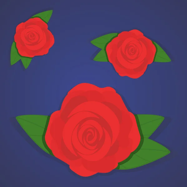 Conjunto vetorial de belas rosas vermelhas no fundo azul gradiente. Estilo plano de flores, design para saudação, casamento, cartão de aniversário ou têxtil, tecido, roupas — Vetor de Stock