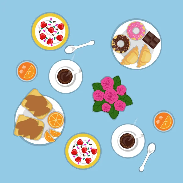Vector flat romantic breakfast for two persons. Set of bakery products, croissants, donuts, chocolate, oranges, peanut sandwich, strawberry, cereal, sweets, fruits, coffee and flowers in pot. Top view — Stock Vector