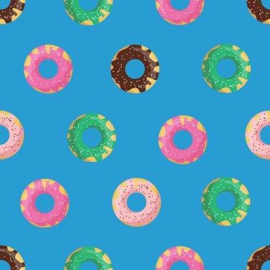 Vektör seamless halka veya çörek modeli. Tasarım kartları, menü, tekstil, kumaş için. Çikolata, vanilya, çilek ve nane krema ile sırlı tatlılar