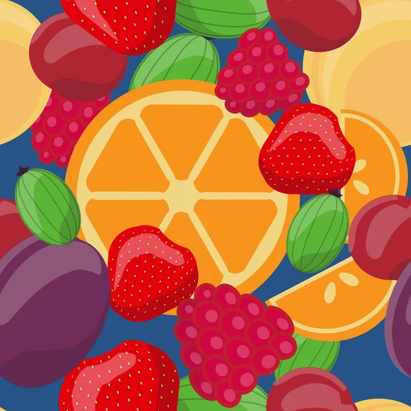 ベクターのシームレスなフルーツ柄、オレンジ、グーズベリー、イチゴ、プラム、チェリー、ラズベリー、アプリコット。繊維や生地、グリーティング カード、ラッピング、] メニューの [背景のデザインします。 — ストックベクタ