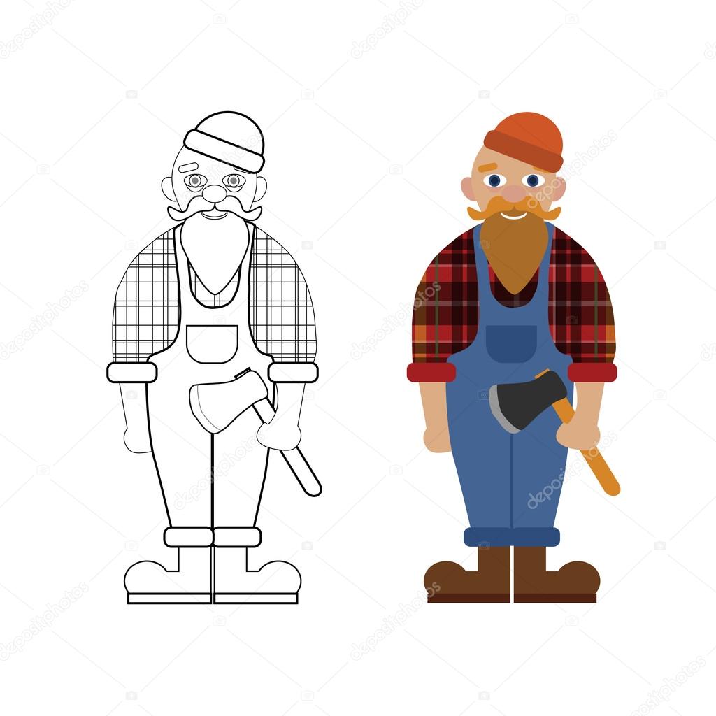 Vector unpainted and colored lumberjack. Game, coloring book page for children