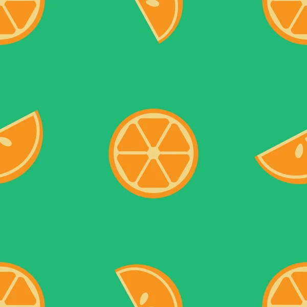 Vector seamless orange pattern with lobules or segments or sections of orange on green background. Design for cards, menu, textile, fabric. — Stock vektor