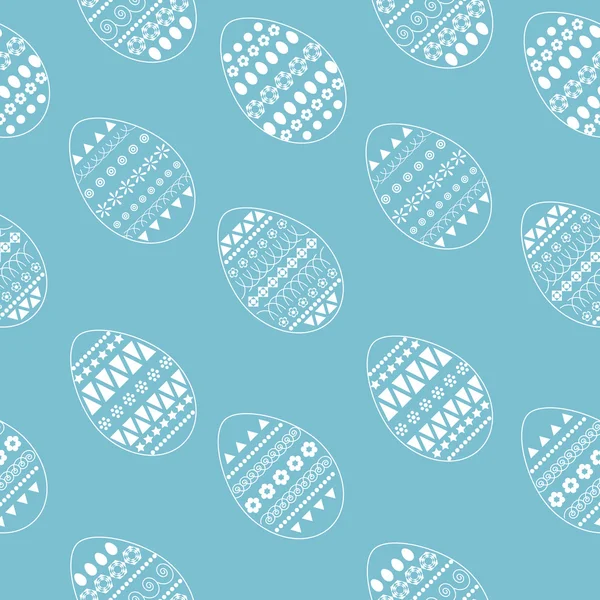 Vektor zökkenőmentes kék mintával díszes fehér húsvét tojás. Friss, tavaszi design üdvözlőlapok, textil, füzet, szövet, matrica, stencil. Pontok, virágok, csíkok, görbék, ovális, háromszög — Stock Vector
