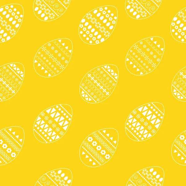 Vector seamless yellow pattern of ornate white easter eggs. Fresh and spring design for greeting cards, textile, booklet, fabric, sticker, stencil. Dots, flowers, stripes, curves, ovals, triangles — Stock Vector