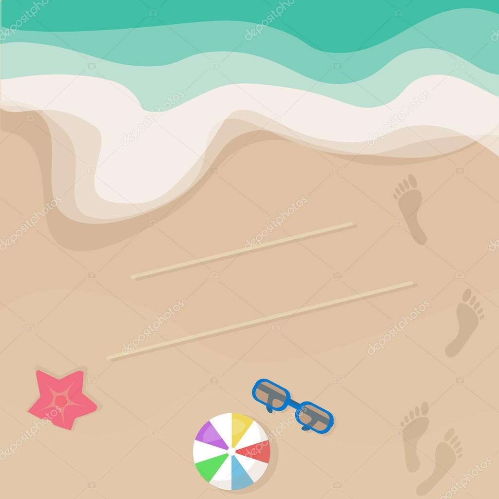 Vector seashore illustration, top view. Sunglasses, ball, starfish, footprints. Summer design for invitation and greeting card. Background for brochures, booklets, postcards.