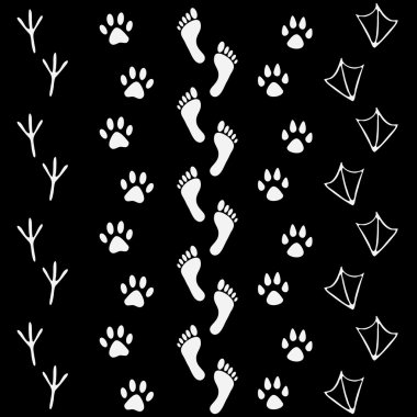 İnsan ve hayvan, kuş ayak izleri simge vektör kümesi. Çıplak insan topluluğu ayaklar, kedi, köpek, kuş, tavuk, hem, karga, ördek ayak izi. Çerçeveler, tekstil, kumaş, davet ve tebrik kartları, kitapçıklar ve broşürler için Tasarla