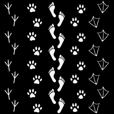 Vector set of human and animal, bird footprints icon. Collection of bare human foots, cat, dog, bird, chicken, hem, crow, duck footprint. Design for frames, textile, fabric, invitation and greeting cards, booklets and brochures clipart