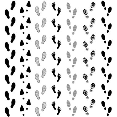 Vector set of human footprints icon. Collection of bare foots, boots, sneakers, shoes with heels. Design for frames, textile, fabric, invitation and greeting cards, booklets and brochures clipart