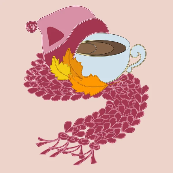 Cup of coffee and pink scarf — Stock Vector