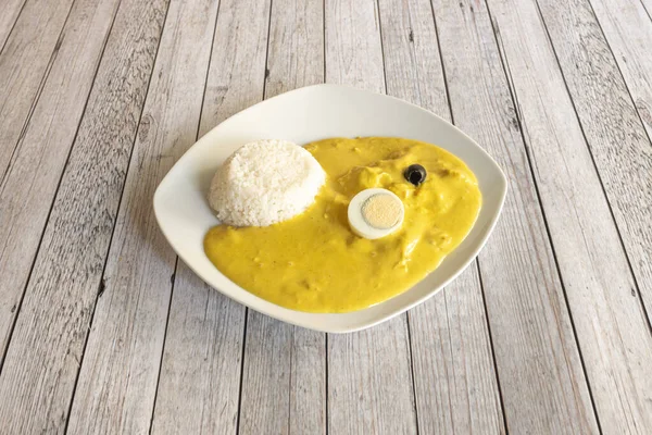 Aji Gallina Yellow Sauce White Rice Boiled Egg Black Olives — Photo