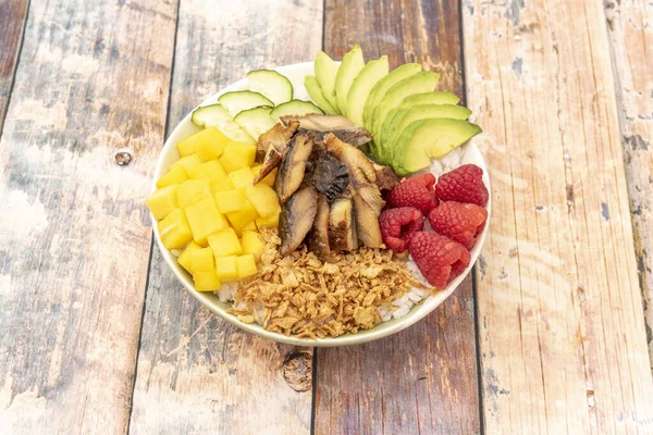 Eel Fish Poke Bowl Mango Rice Avocado Crispy Onion Raspberries — Stock Photo, Image