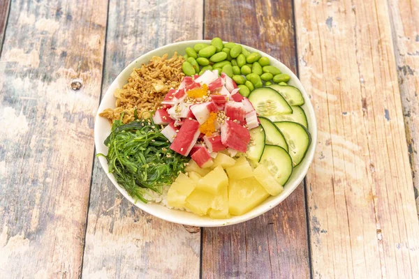 Poke Bowl Surimi Fried Onion Seaweed Wooden Table — Stock Photo, Image