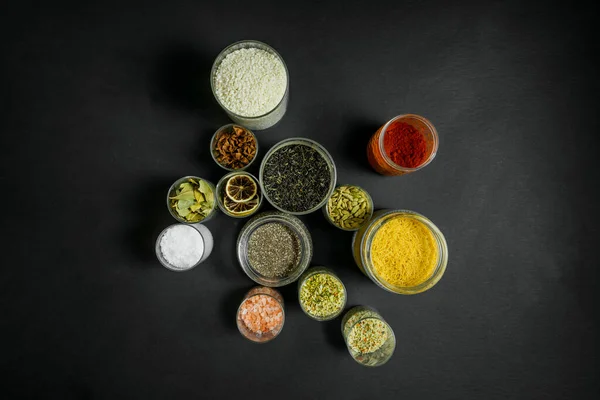 Top View Photo Many Jars Ingredients Preparing Delicious Sumptuous Soup — 图库照片