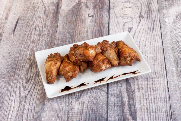 Ration Fried Wings White Plate Wooden Table Royalty Free Stock Photos