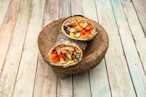 Burrito Chicken Fajitas Rice Volcanic Stone Molcajete Typical Mexico Wooden — Stock Photo, Image