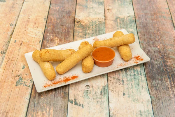 Plate Large Cheese Sticks Stuffed Cheese Red Sauce Paprika White — 스톡 사진