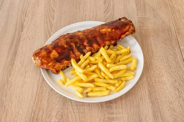 American Style Marinated Pork Ribs Garnished French Fries White Plate — Stock Photo, Image