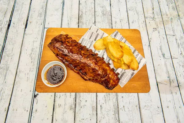 Fantastic Roast Pork Ribs French Fries Wooden Board White Background — Stock Photo, Image